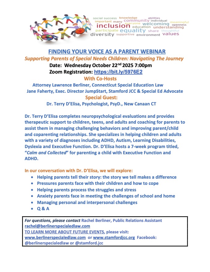 Co-Hosted Stamford JCC and Attorney Lawrence Berliner, Connecticut Special Education Law